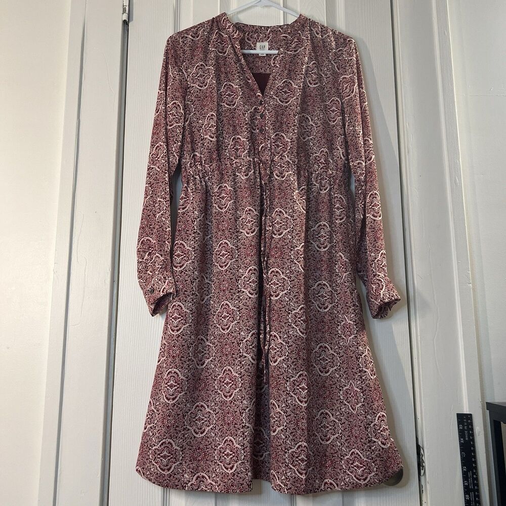 GAP Maternity Boho Dress Women's XS Burgundy Long Sleeve Flowy Paisley